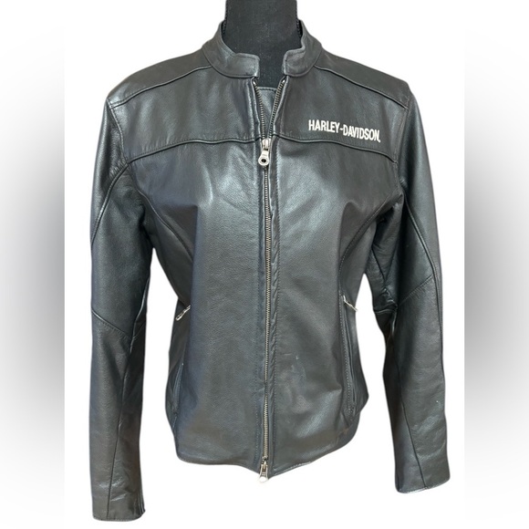 HARLEY- DAVIDSON WOMENS BLACK LEATHER #1 BIKER FLAG EMBLEM RARE JACKET SIZE MED - Picture 3 of 15